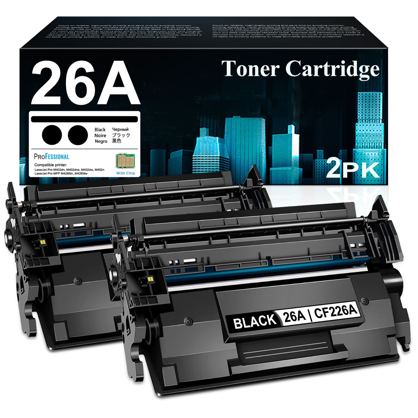 2-Pack  26A CF226A Toner with Chip for HP 26A M426fdw M402n M402dne M402dw 
