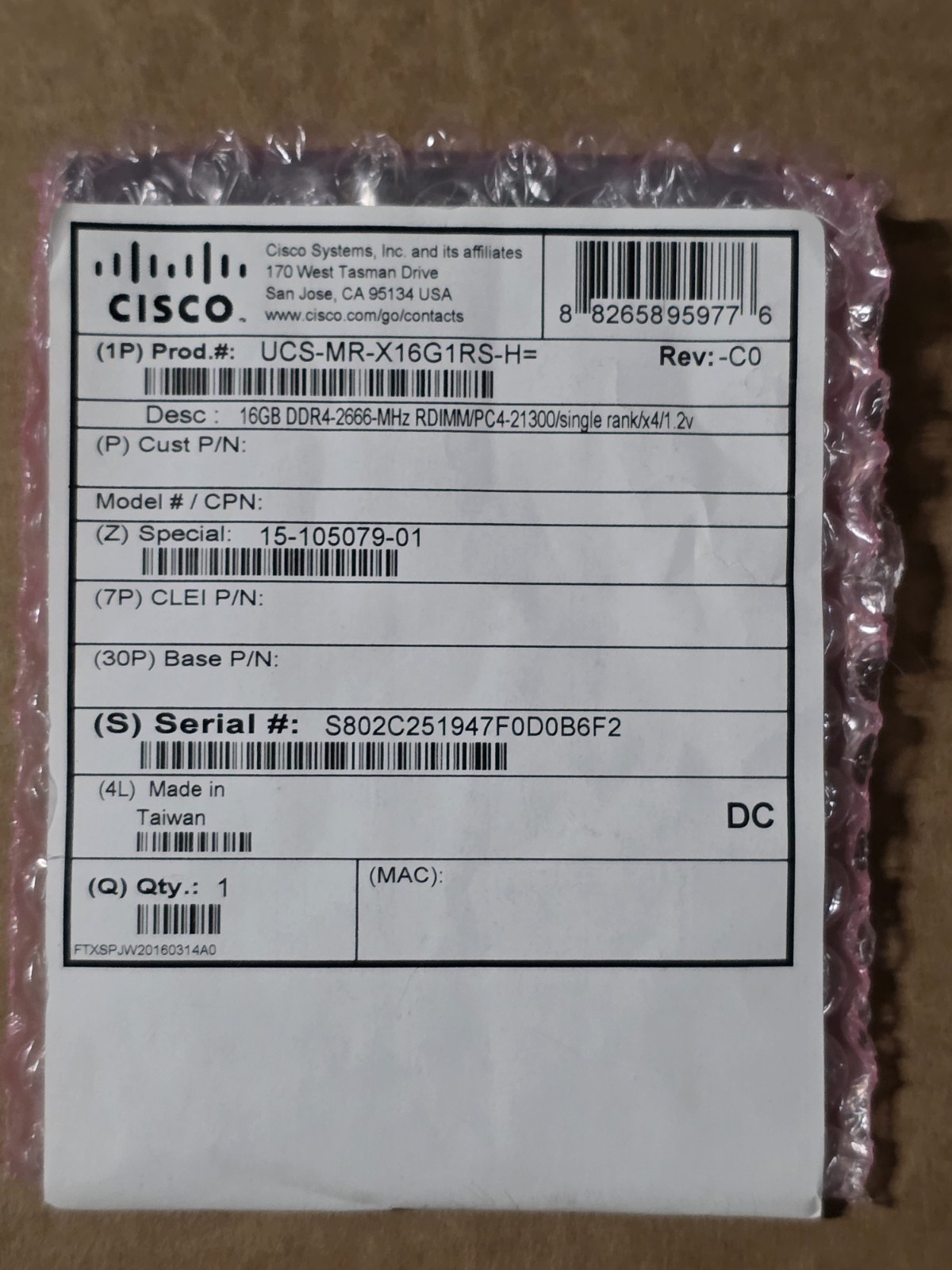 Cisco 16GB DDR4-2666MHz RDIMM/Single-Rank