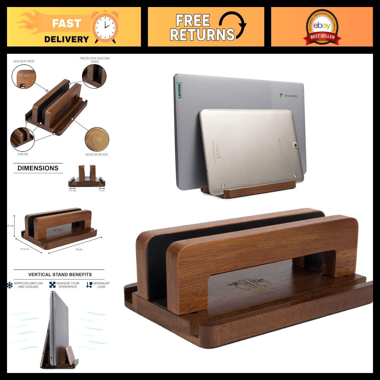 Adjustable Acacia Wood Laptop Stand - 3 Slots, Non-Slip Vertical Holder for MacB