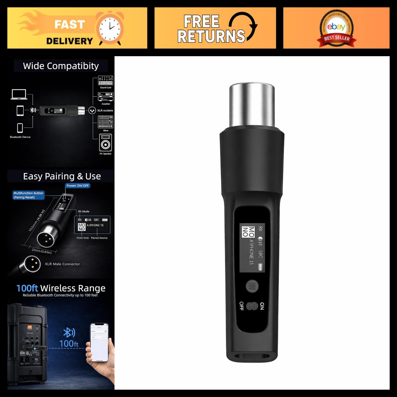 Wireless XLR Bluetooth Audio Receiver, High-Fidelity Sound, Low Latency, Pro Qua