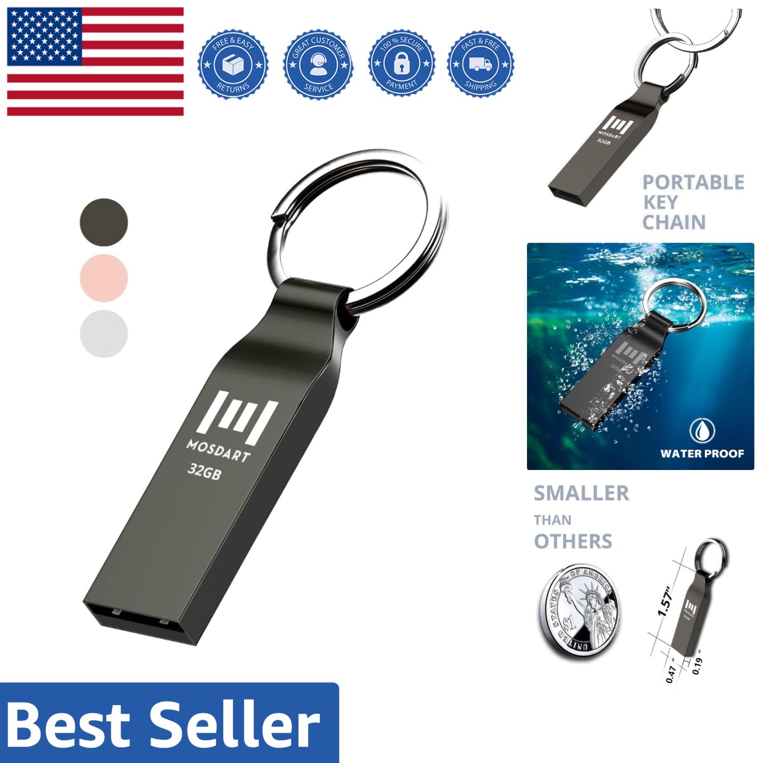 32GB Waterproof Flash Drive with Keychain - Shockproof & Dustproof Memory Stick