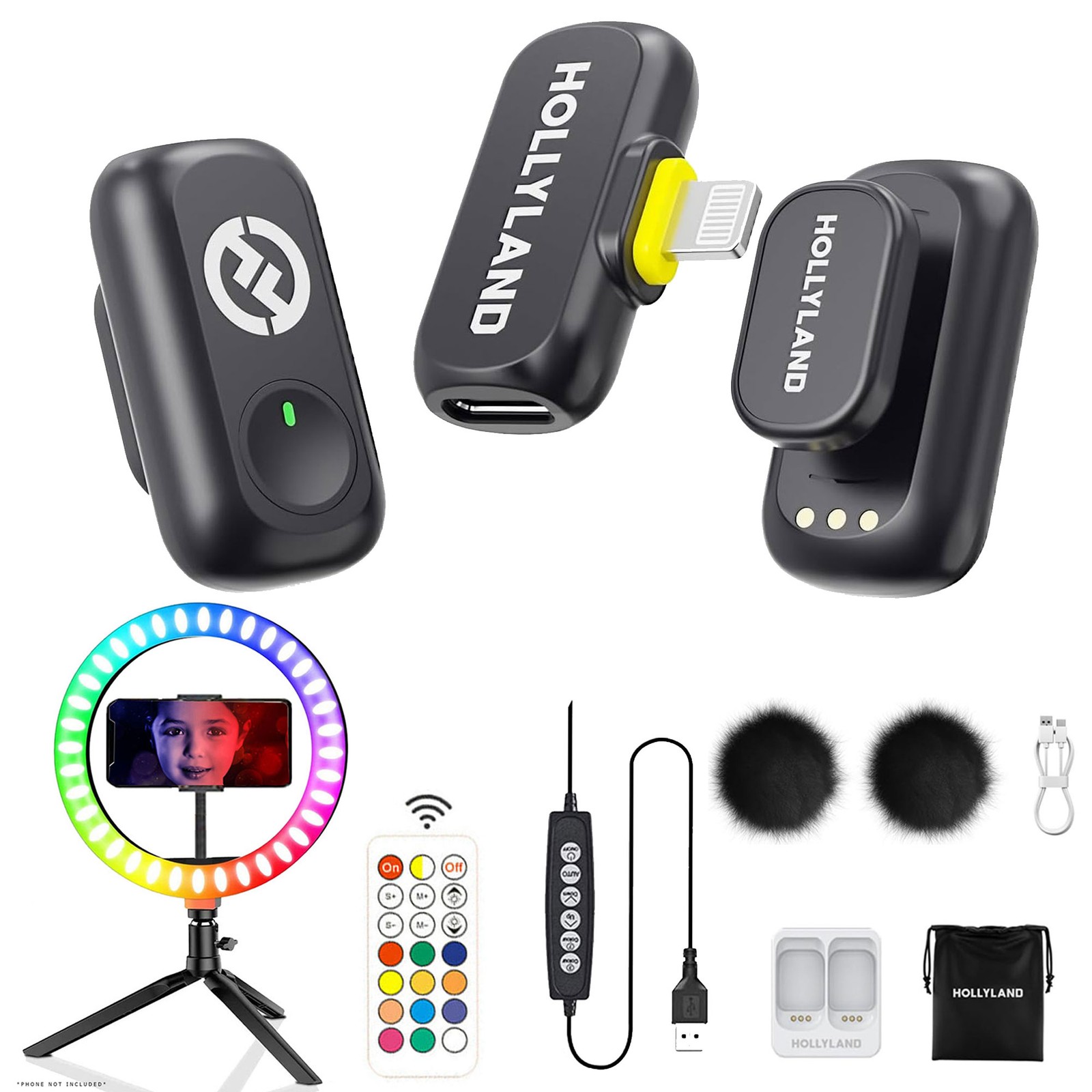 Hollyland LARK A1 Mini Duo Wireless Mic iOS + 10" RGB Ring Light with Tripod