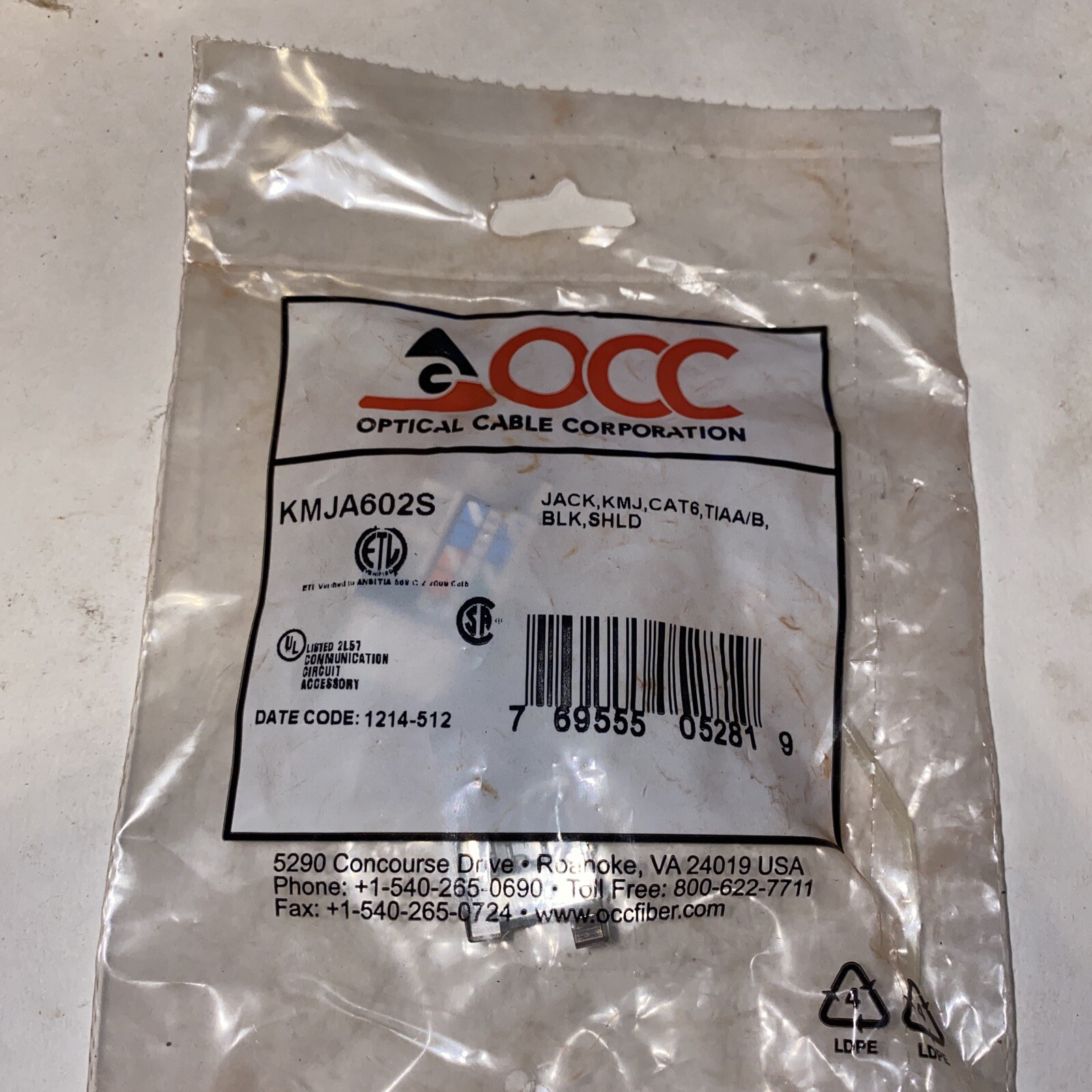 OCC OPTICAL CABLE CORP KMJA602 CAT6 MODULAR KMJ JACK CONNECTOR, BLACK, TIAA/B