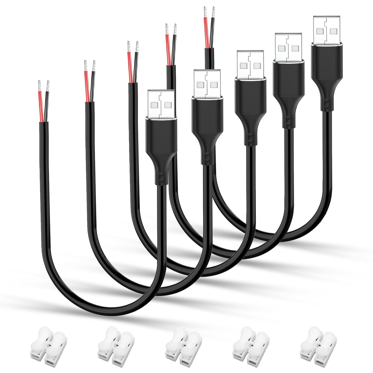 5 Pcs USB a Male to Bare Wire Cable - 12V/3A 30Cm Open End Pigtail Power Cord
