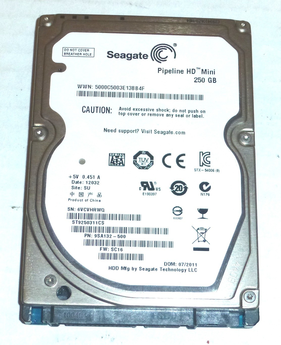 Seagate ST9250311CS 250GB Sata Hard Drive P/N: 9SA132-500  F/W: SC16  SU