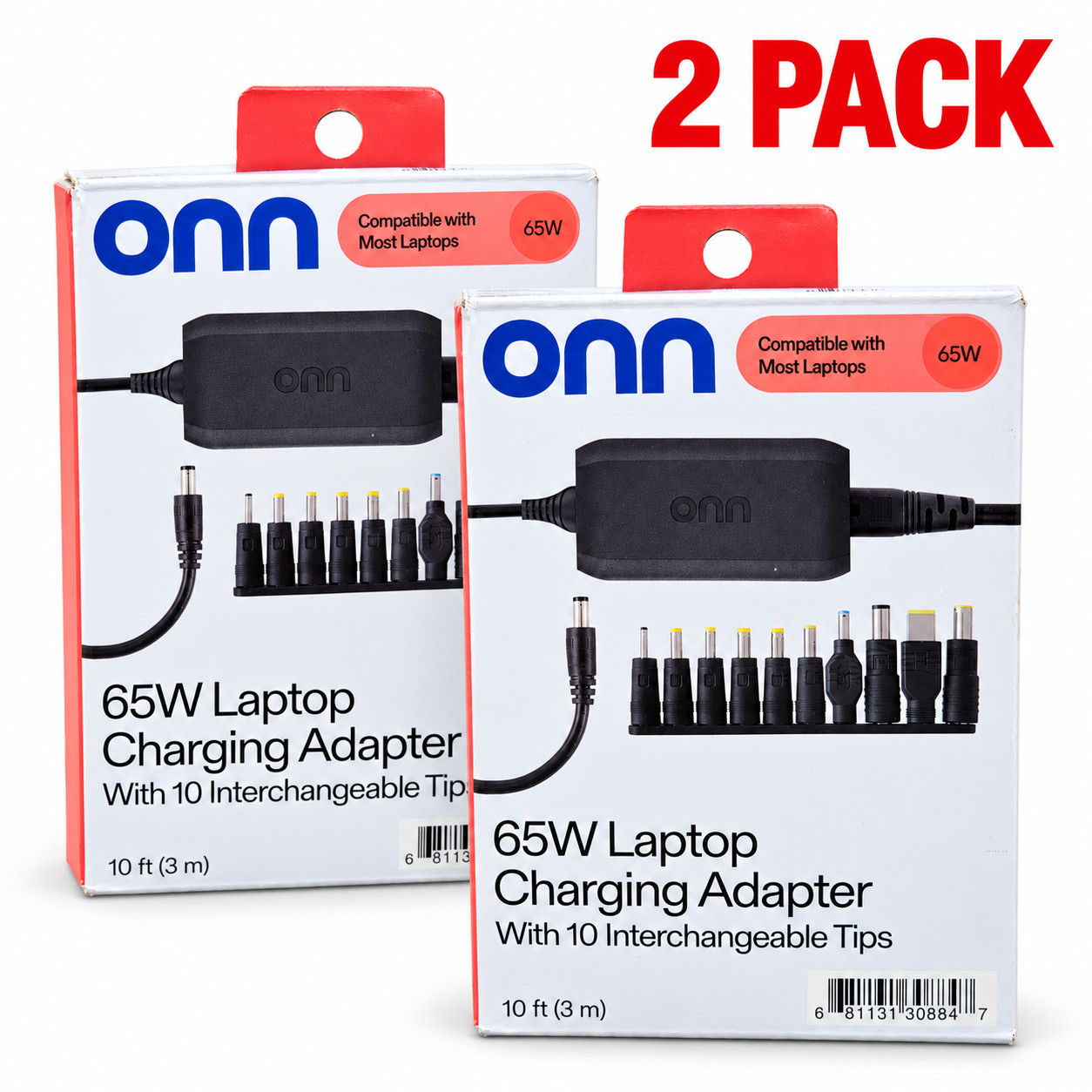2 Pack Onn Universal 65W Laptop Charger with 10 Interchangeable Tips (100004335)