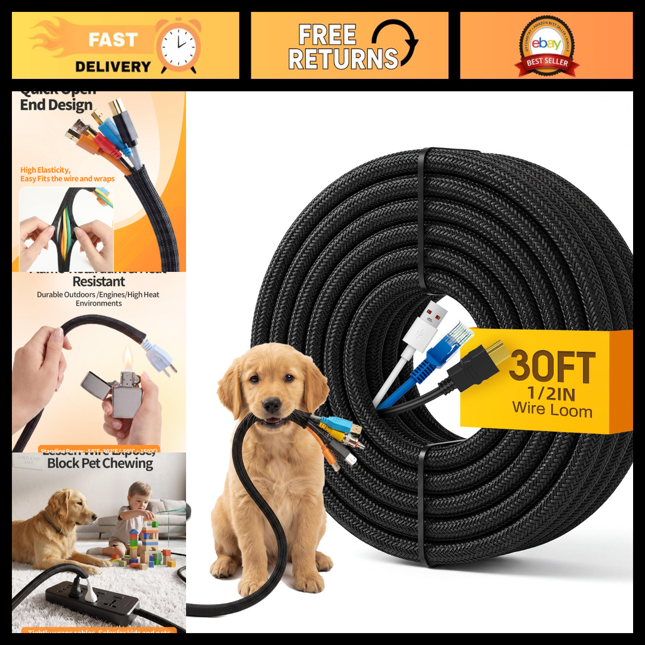 30ft Automotive Wire Loom, 1/2in Cord Protectors, Chew-Resistant, Black Tubing