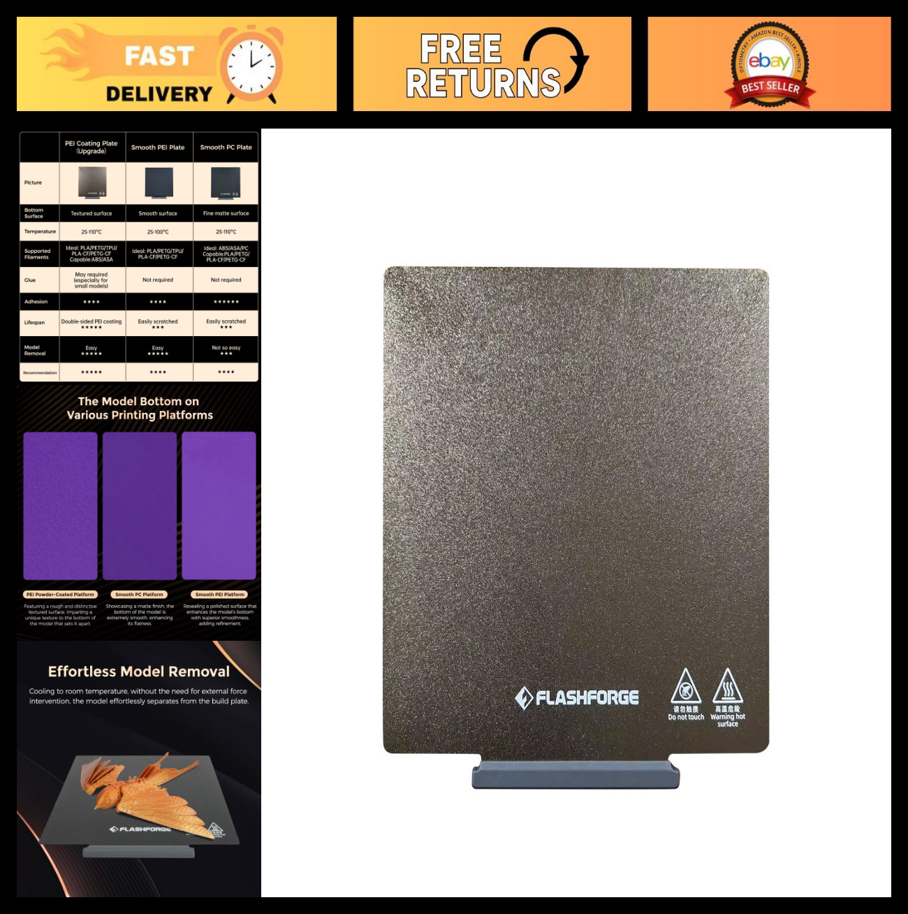 Upgrade Double-Sided PEI Powder-Coated Platform for 3D Printers, Tool-Free Remov