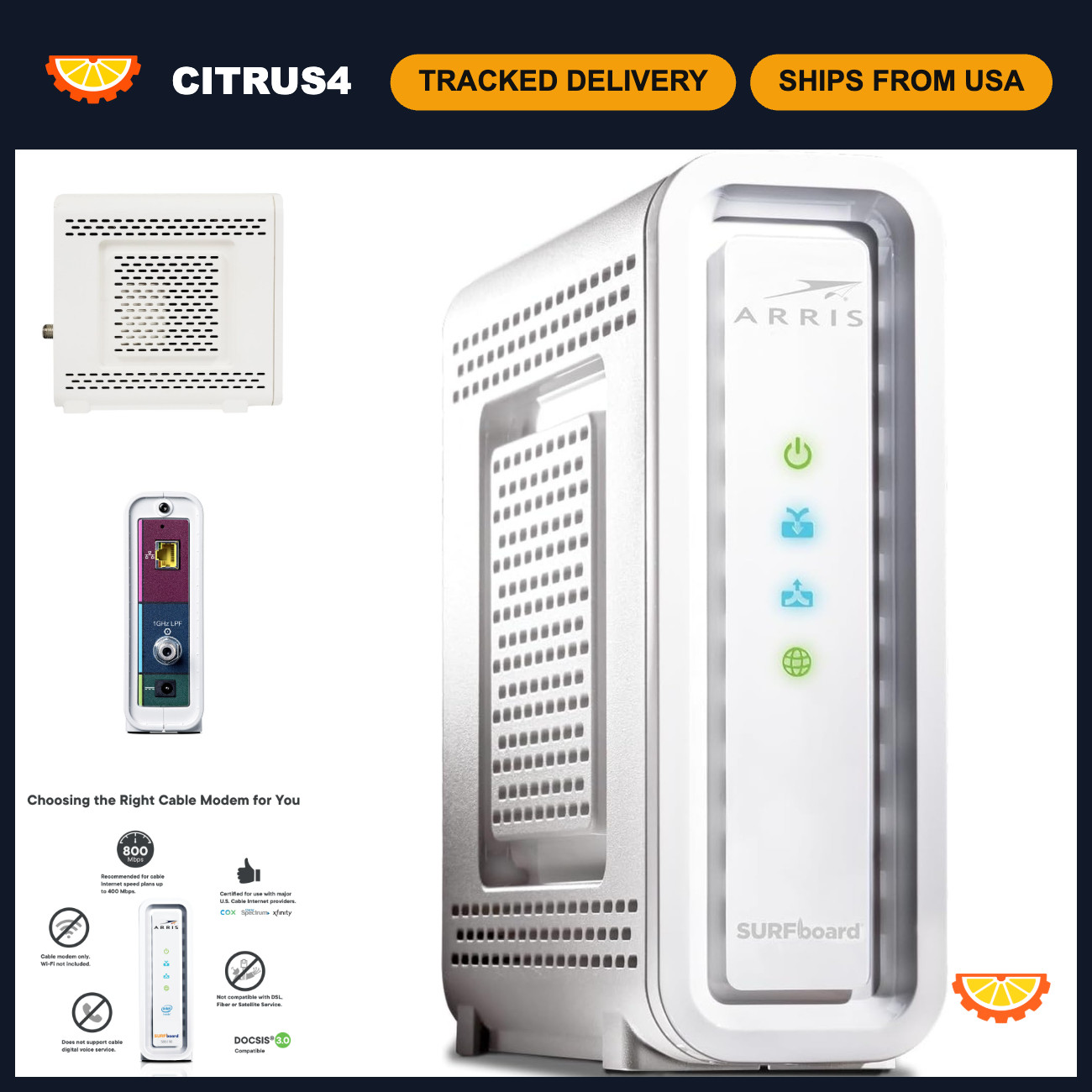 High-Speed DOCSIS 3.0 Cable Modem 32x8, 1 Gbps Port, 800 Mbps Max, Renewed