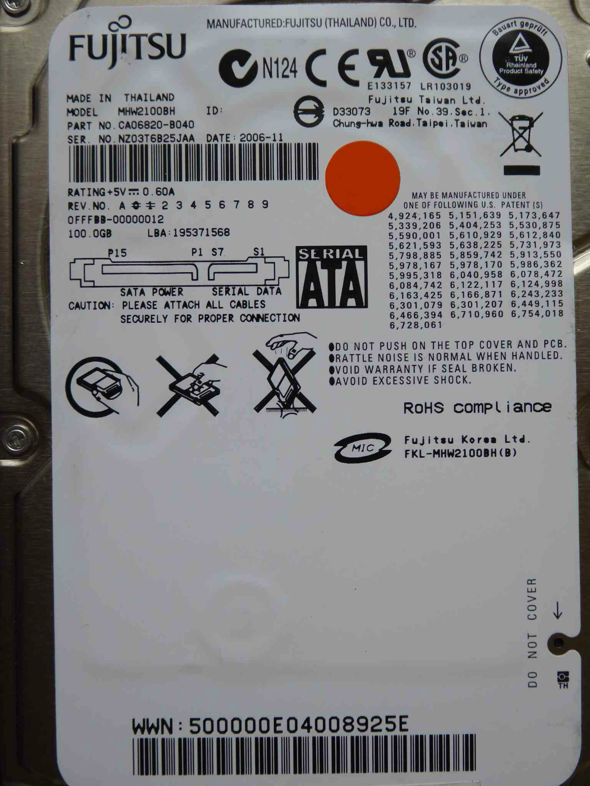 100GB Fujitsu MHW2100BH / P/N: CA06820-B040 / 2006-11 Notebook Hard Drive