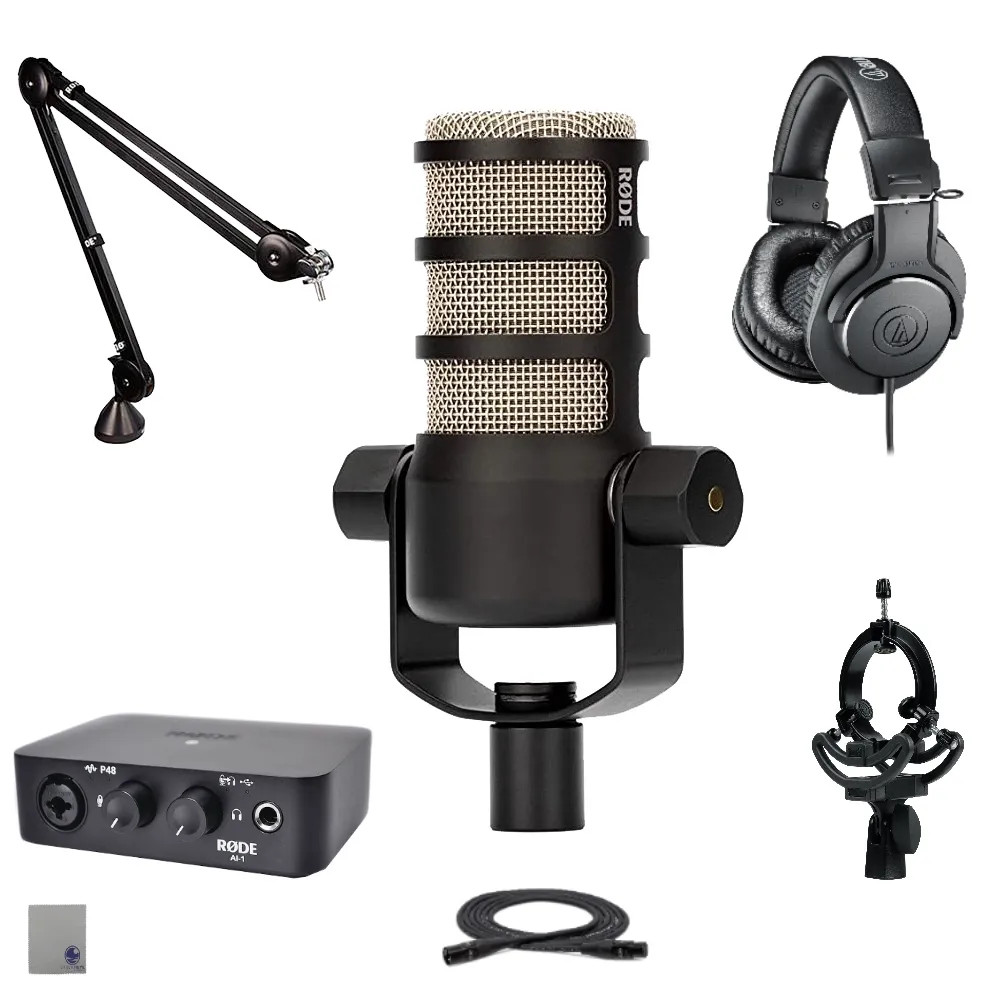 Rode PodMic USB W with Ai1, PSA1+, GFW-MIC-SM1855, ATH-M20x, XLR, and Cloth