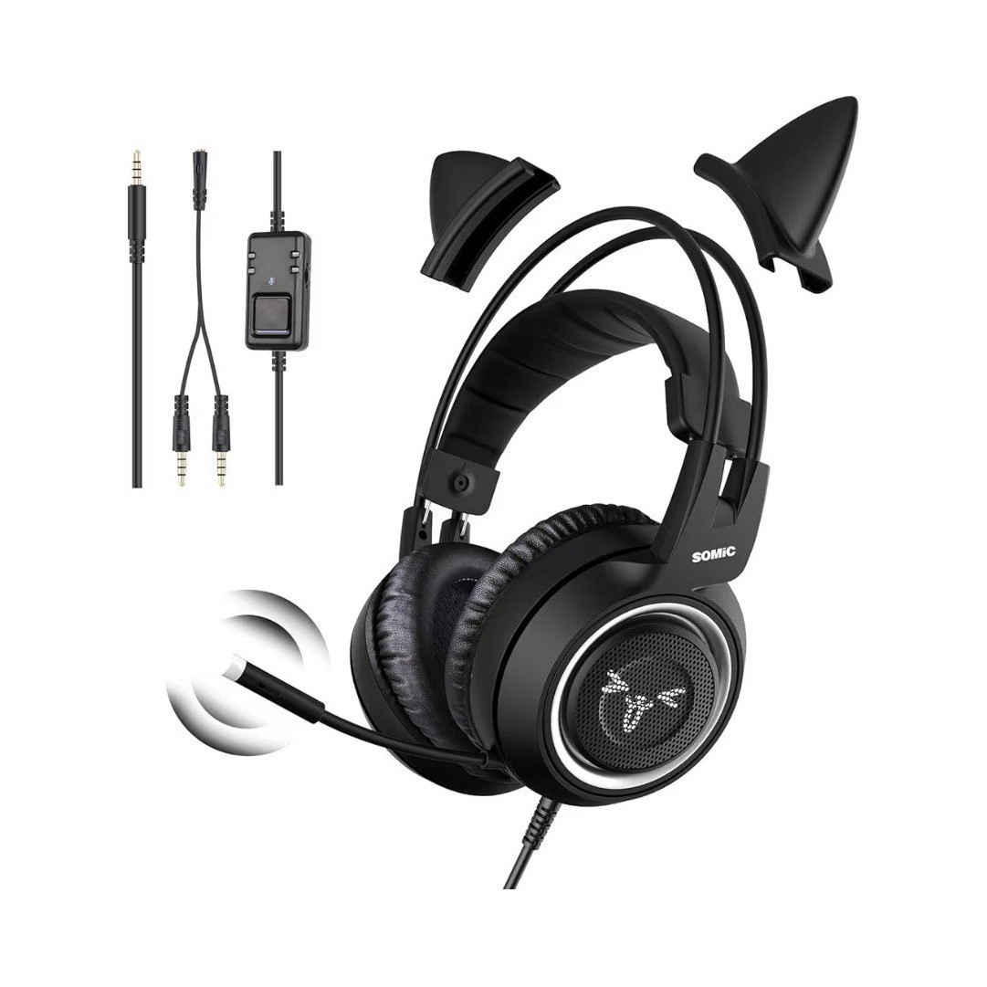 SOMIC Black Over-Ear Headset Cat Ears, Noise Cancellation, Boom Microphone