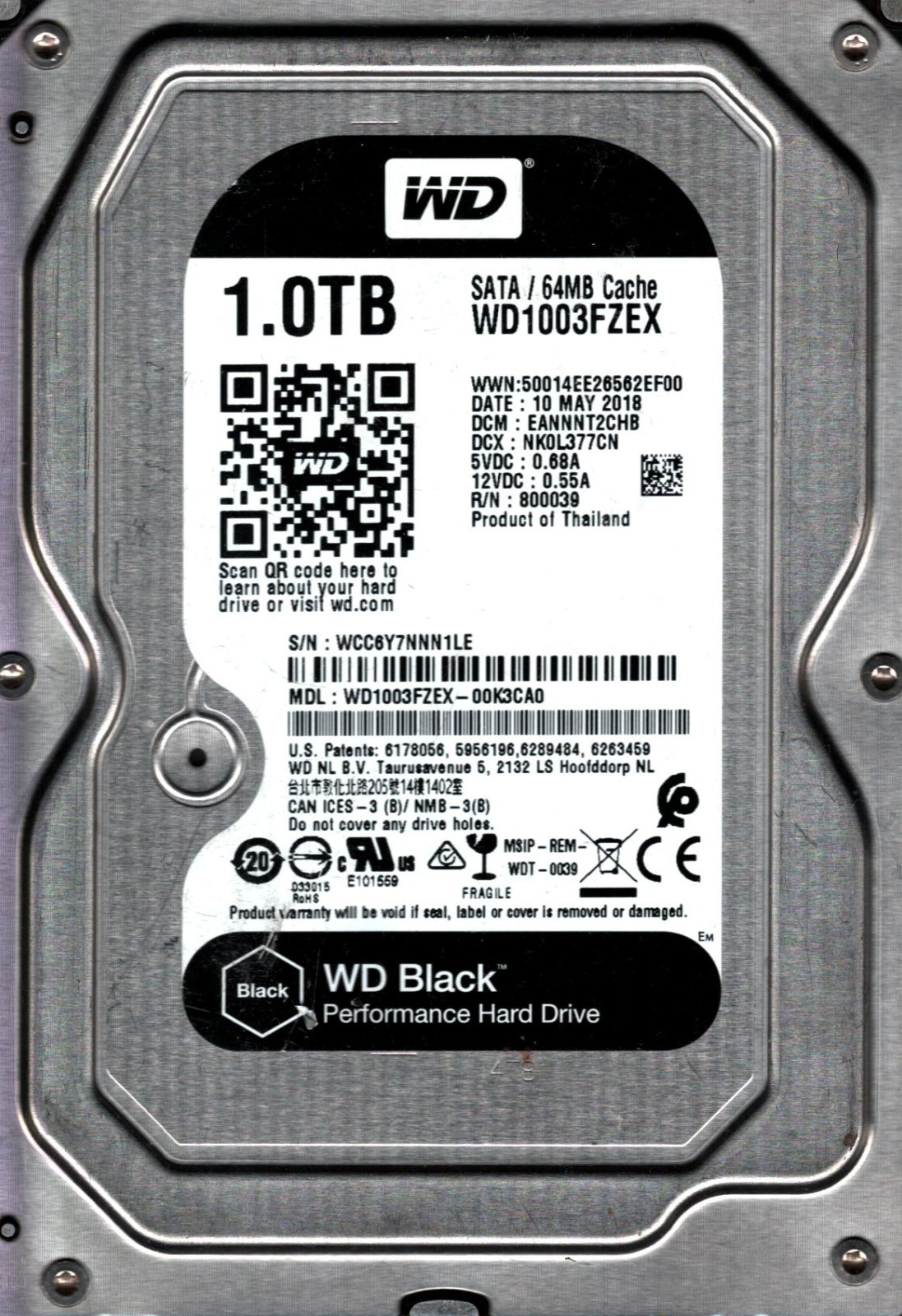 WD1003FZEX-00K3CA0 S/N: WCC6Y DCM: EANNNT2CHB WD 1TB THAILAND MAY 2018