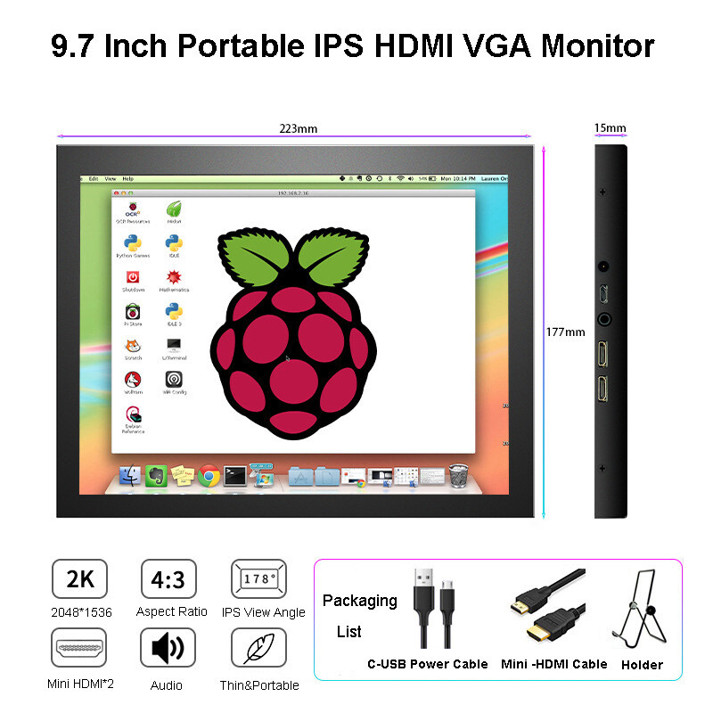 Portable 9.7'' IPS Screen PC Display Gaming Monitor for Raspberry PS4 XBOX DSLR