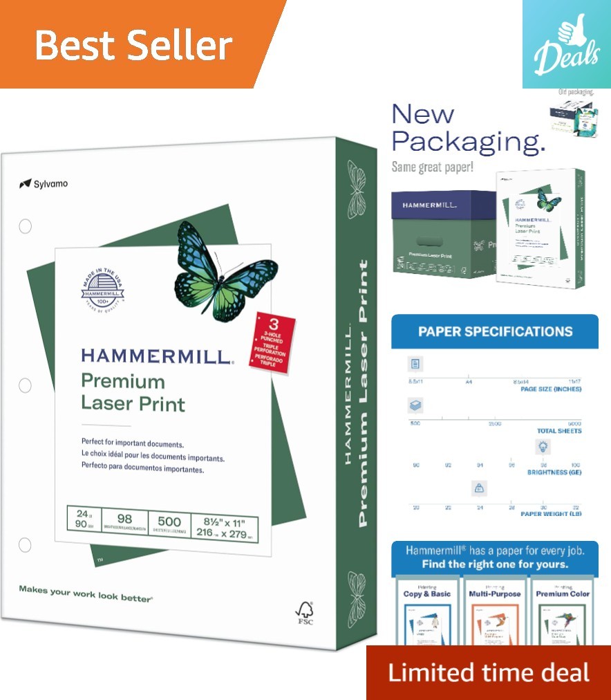 Ultra Smooth 8.5x11  Laser Print Paper - 24lb, 3 Hole, 98 Brightness