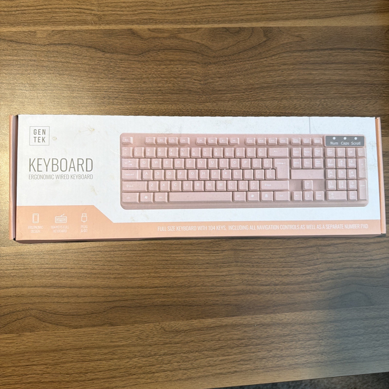 Gen Tek Ergonomic Wired Pink Keyboard Full Size USB Plug & Go With Number Pad 