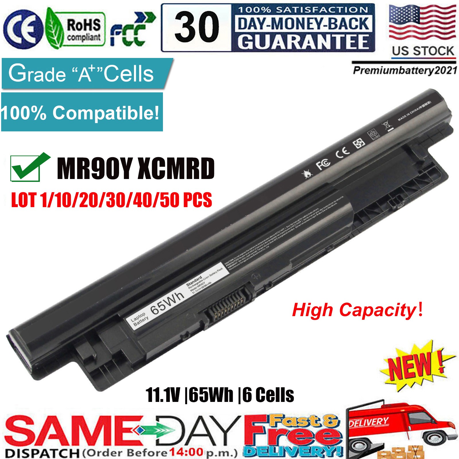 ✅LOT Battery XCMRD MR90Y For Dell Inspiron 3421 5421 15-3521 5521 3721 5721 65Wh