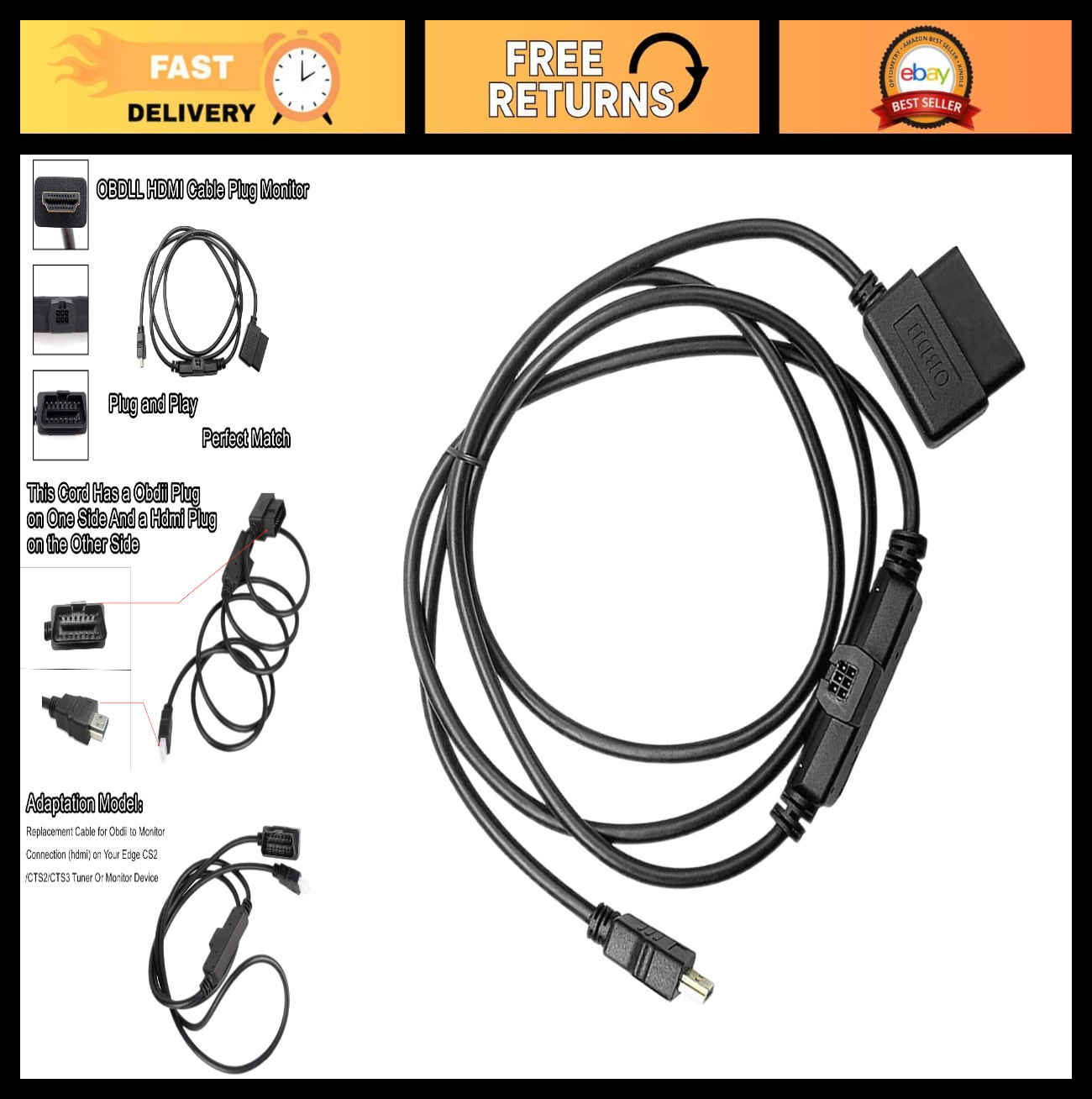OBDII to HDMI Adapter Cable for Edge CS2 CTS2 CTS3 - OBD2 Plug to Monitor Connec