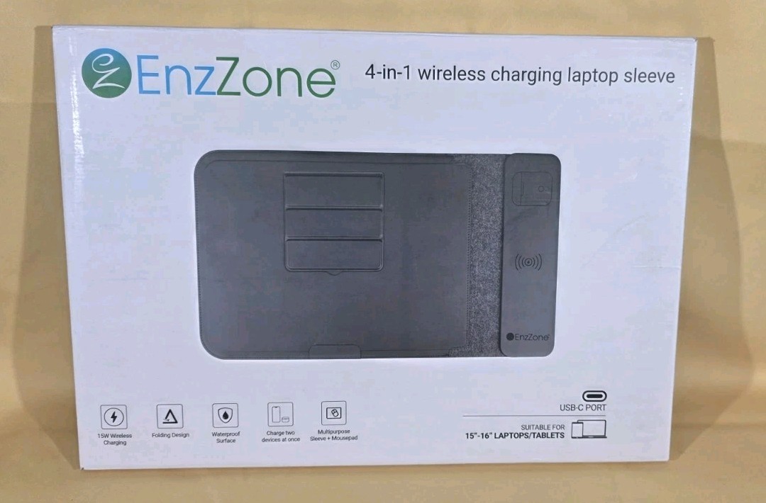ENZZONE 4-in-1 Laptop Sleeve with Wireless Charging & Desk Pad (15"-16") USB-C 