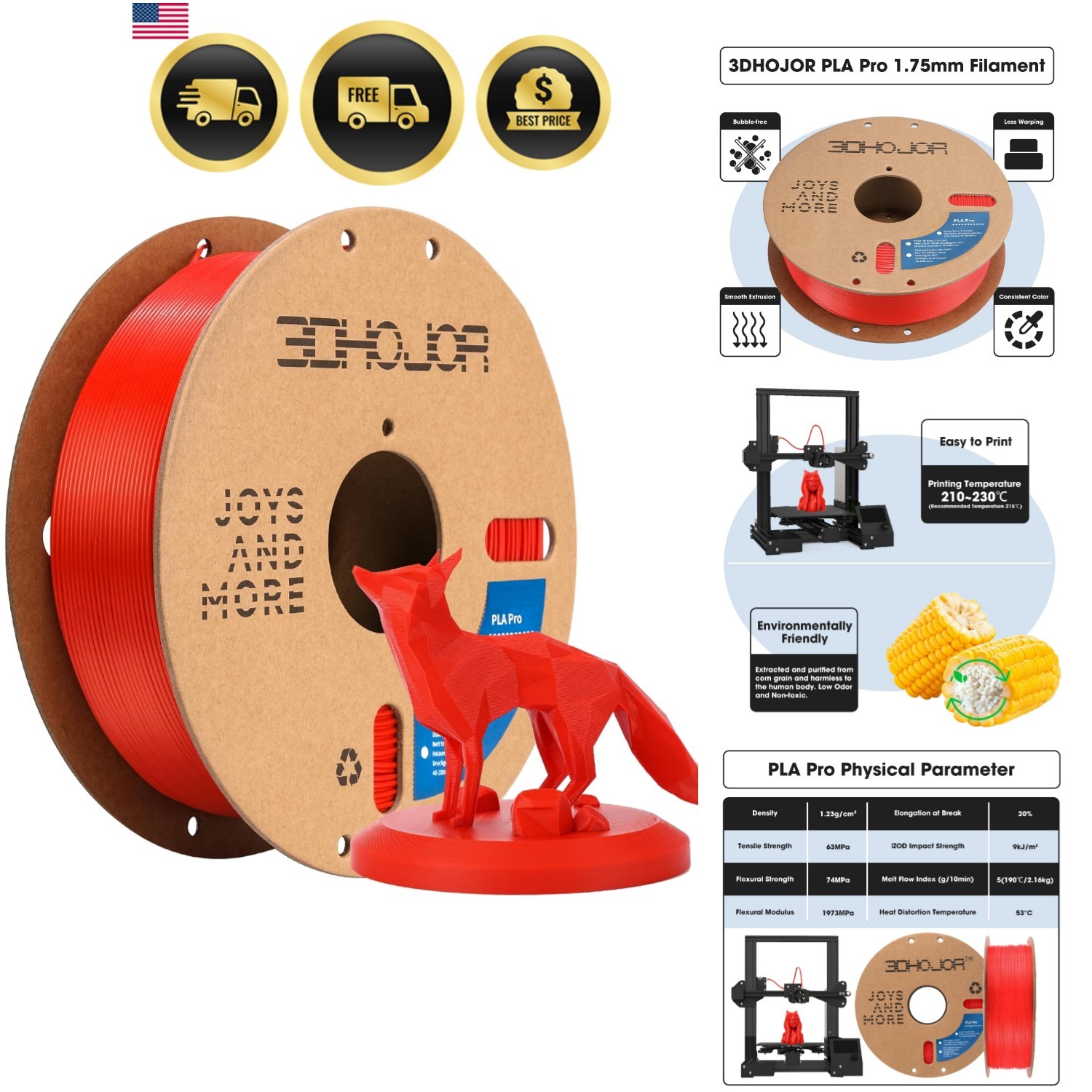 PLA Pro PLA+ Filament 1.75mm, 3D Printer Filament, Cardboard Spool, +/- 0.03m...