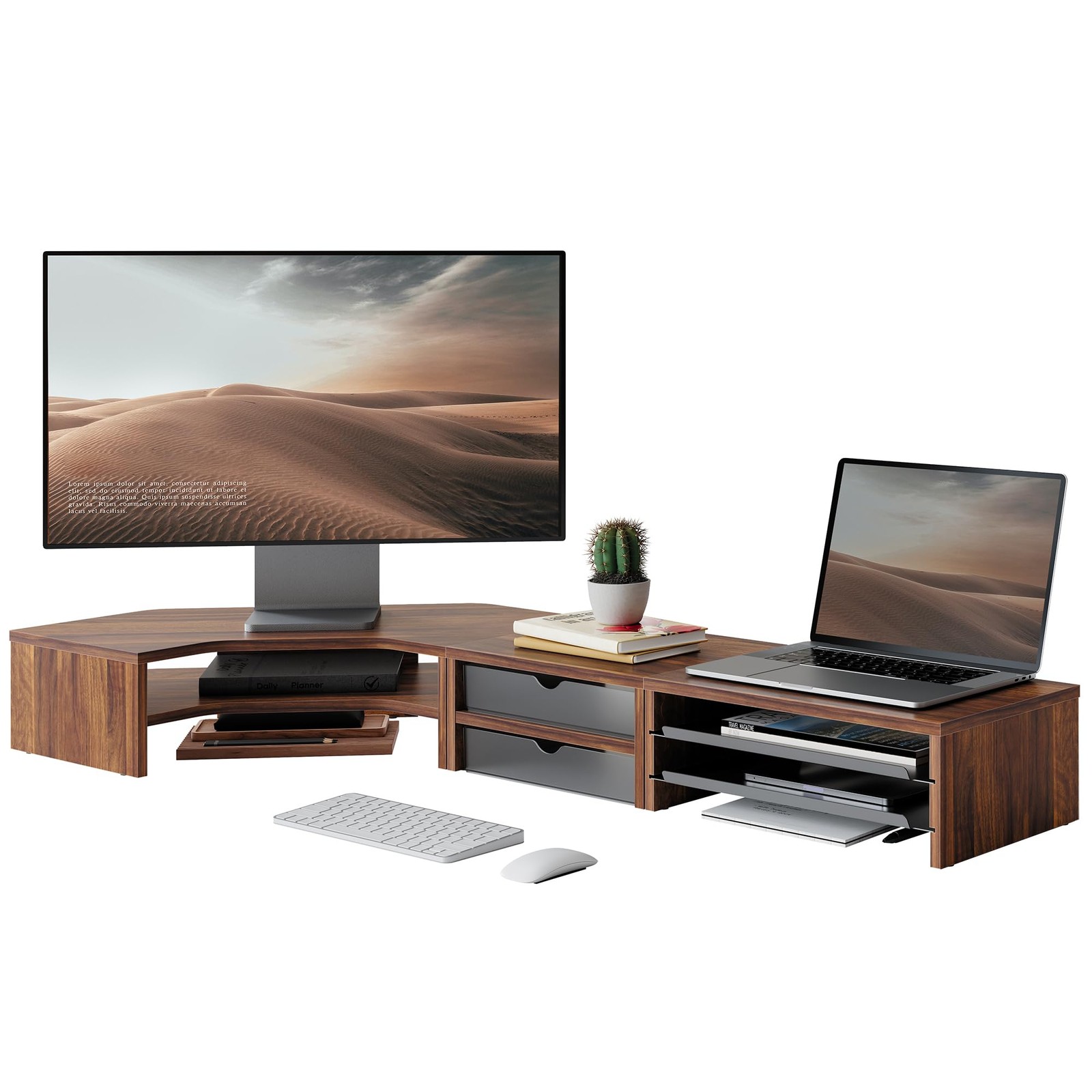 Fenge Dual Monitor Stand, Corner Desk Shelf with Drawer & Slide-Out Tray