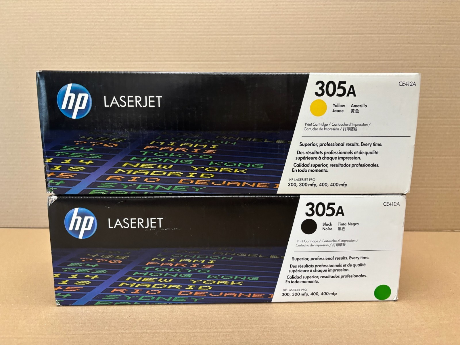 2 New Genuine HP 305A Laserjet 300,400 Yellow & Black Toners CE410A, CE412A