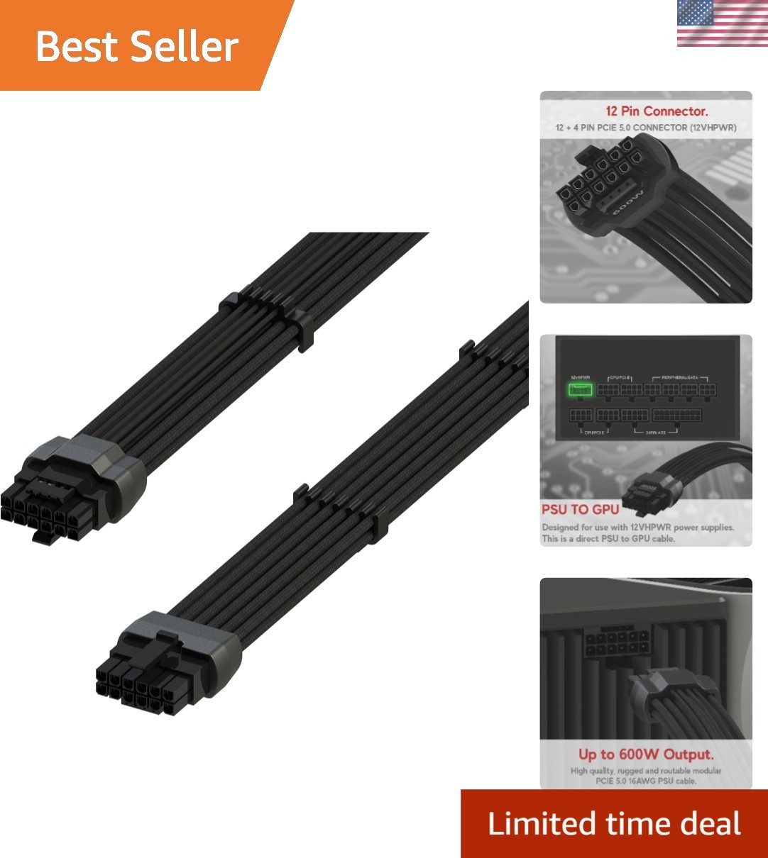 AVA 600W Black PCIe 5.0 High-Performance Power Cable for  Gaming Setups