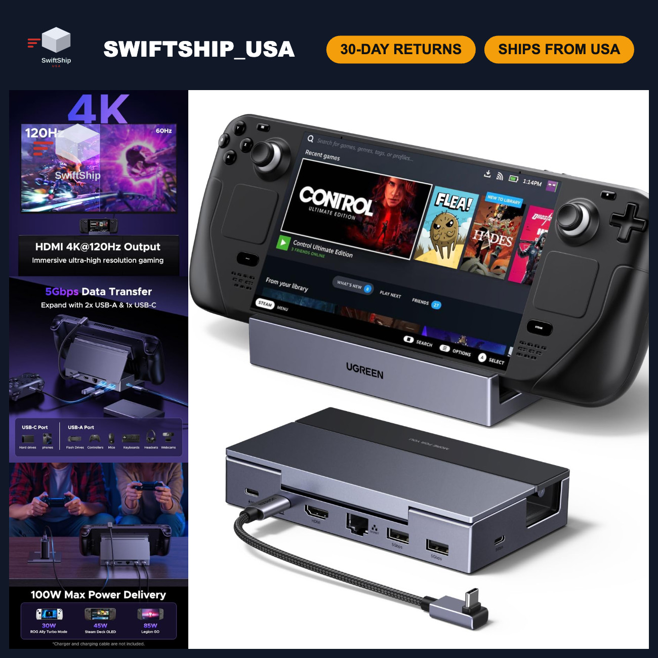 6-in-1 Steam Deck Dock, 4K@120Hz HDMI 2.1, 100W Power Delivery, Multiport Hub