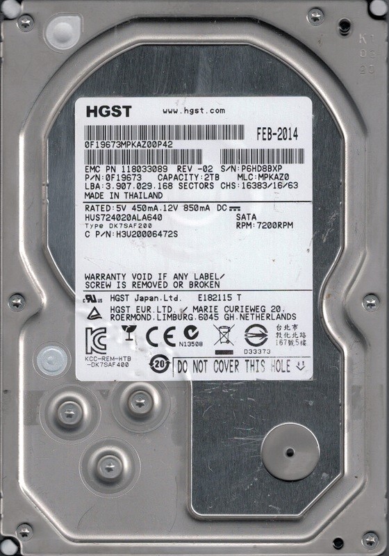 HUS724020ALA640 P/N: 0F19673 MLC: MPKAZ0 2TB HGST