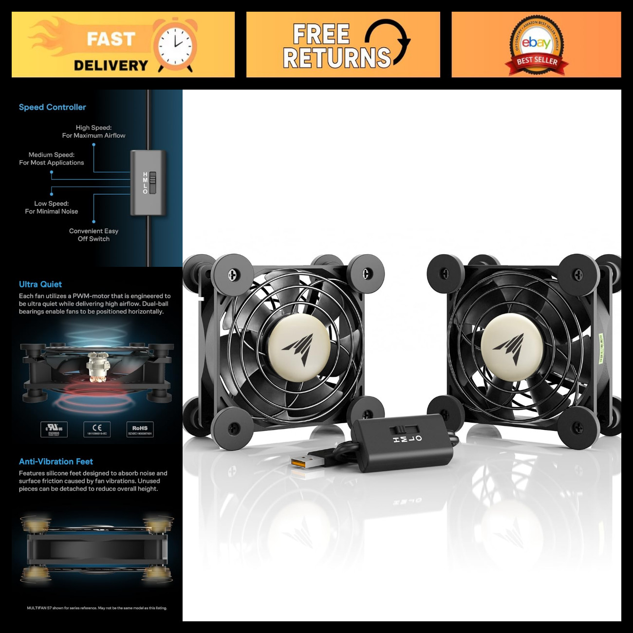Ultra-Quiet Dual 80mm USB Cooling Fan with Speed Controller for Electronics