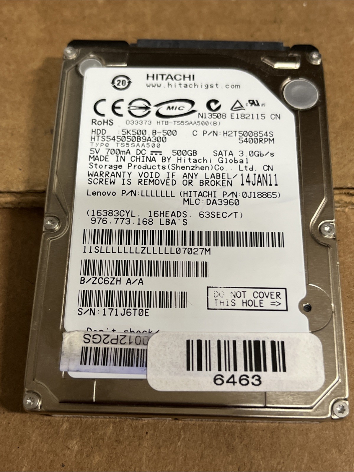 HITACHI 500GB 5.4K 3G 2.5” SATA HDD HTS545050B9A300 | 5K500 B-500 | TESTED WIPED