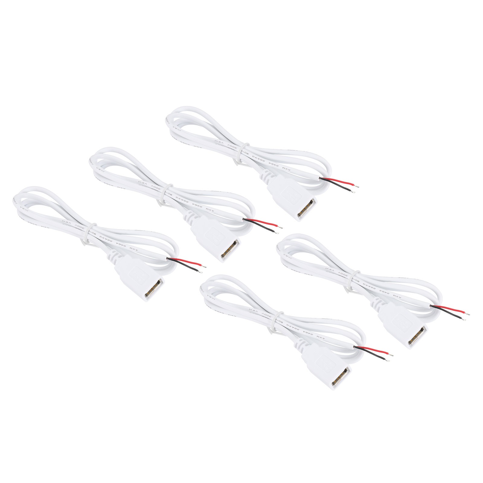 3.28Ft USB Female to 2 Pin Bare Wire Pigtail Cable 5pcs 22AWG Power Cords White