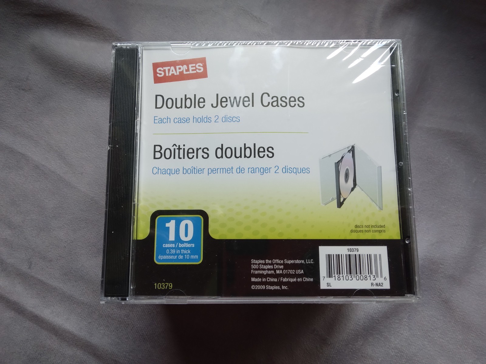 Staples Standard CD/DVD Double Jewel Case, pack of 10, transparent black hinge