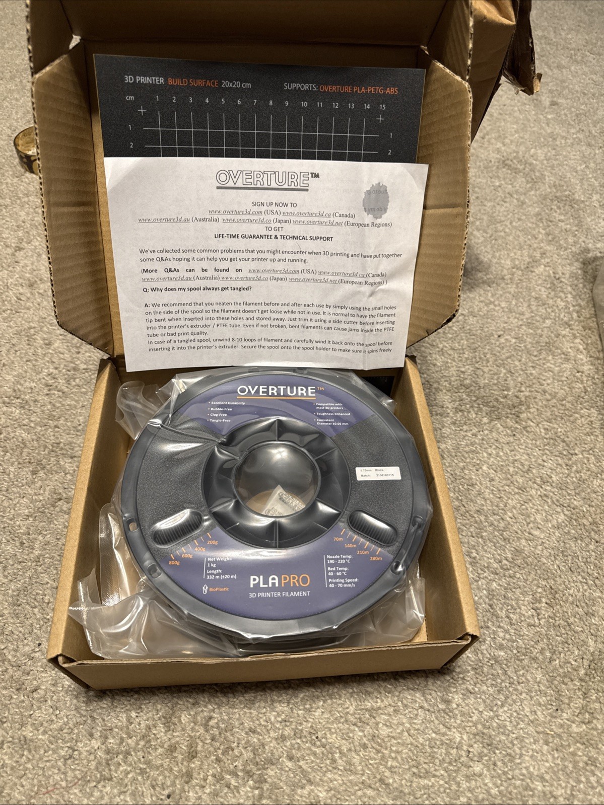 Overture OVPLA175 1.75mm 3D Build Surface PLA Filament