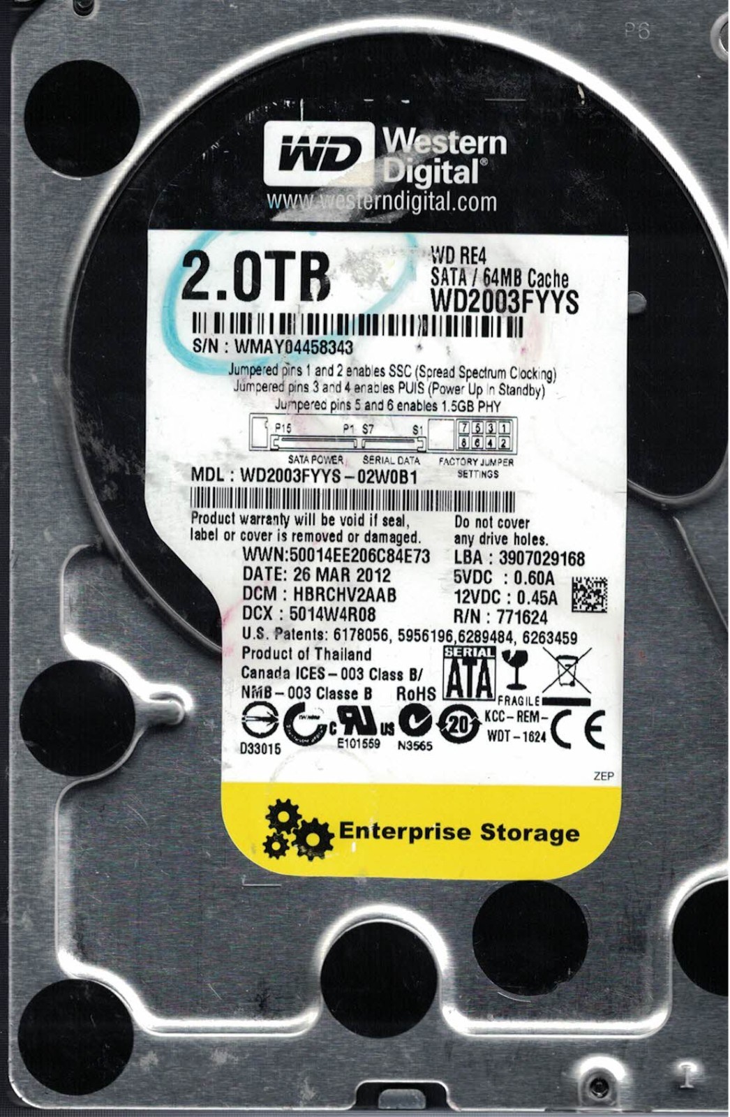 Western Digital WD2003FYYS-02W0B1 26 Mar 2012 DCM HBRCHV2AAB