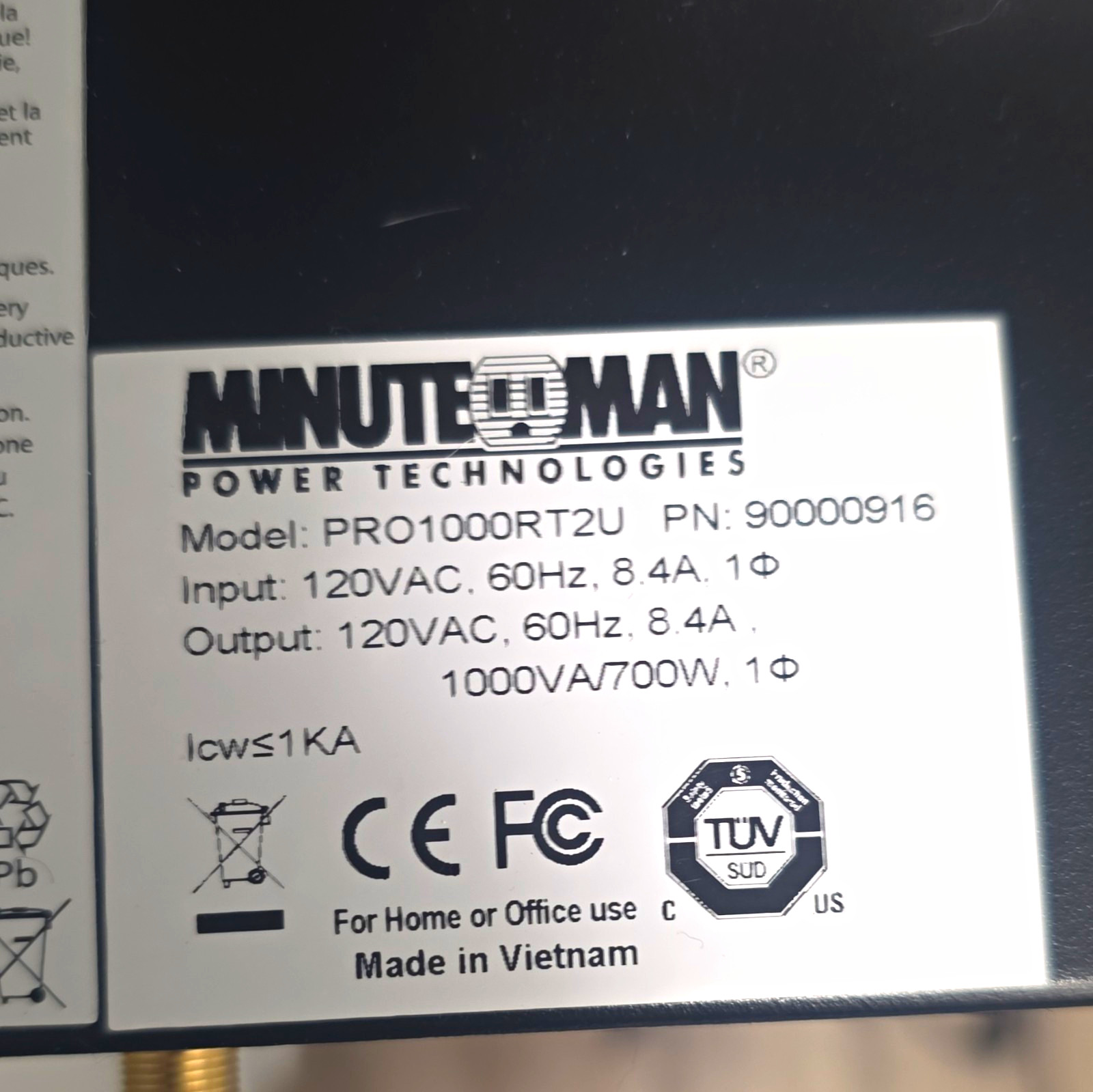 Minuteman PRO1000RT2U Rackmount UPS 1000VA 700W 120VAC USB Surge 90000916