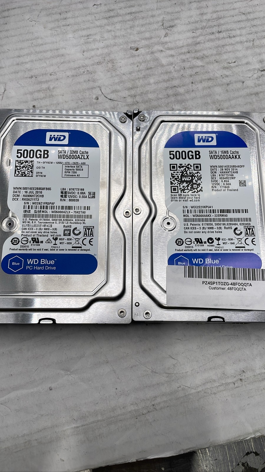 WD Blue 500GB SATA 3.5 HDD WD5000AZLX & WD5000AAKX Lot Of 2