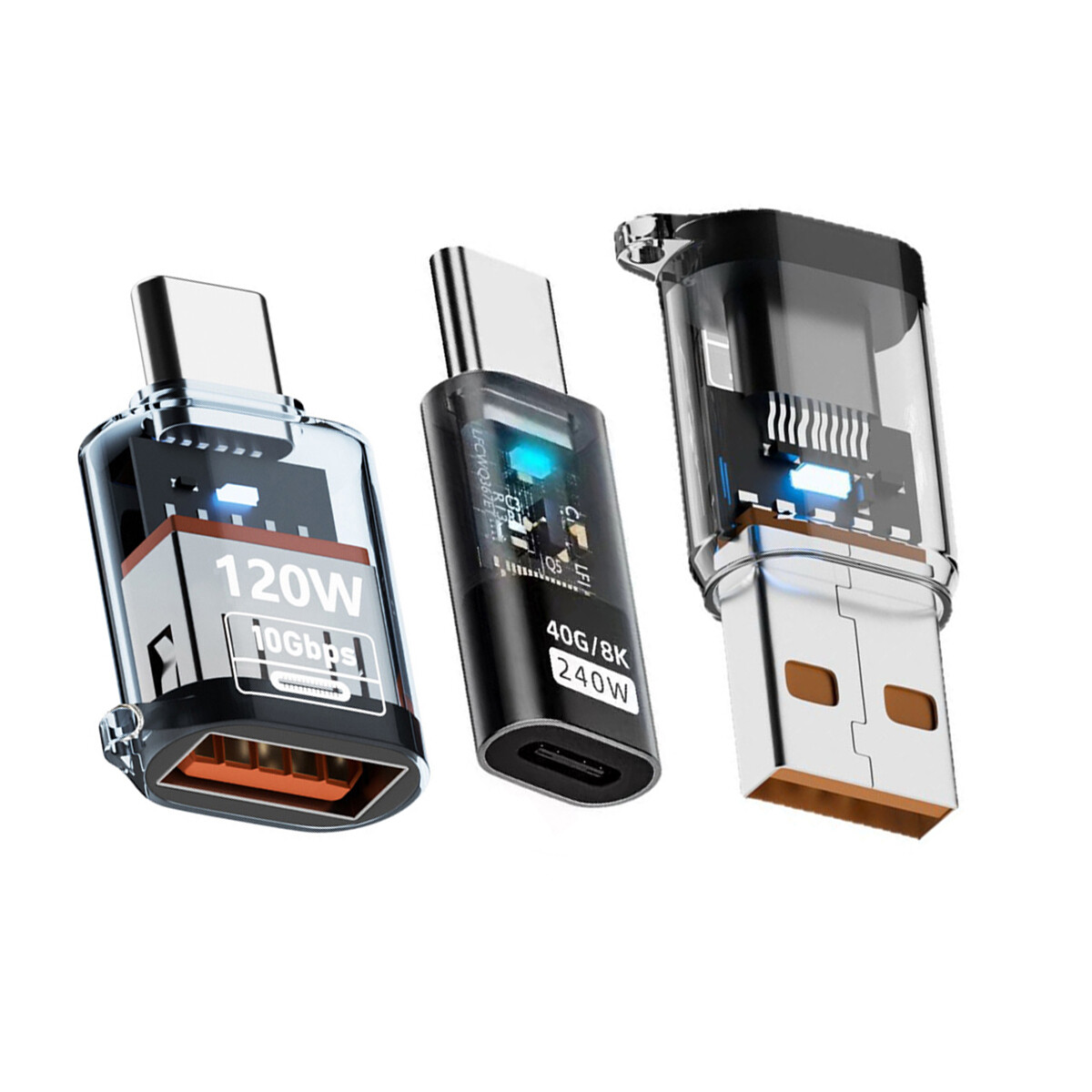 3pcs/lot Type-C Smart LED USB-C to USB3.2 Type-A Adapter OTG 10Gbps 40Gbps 120W