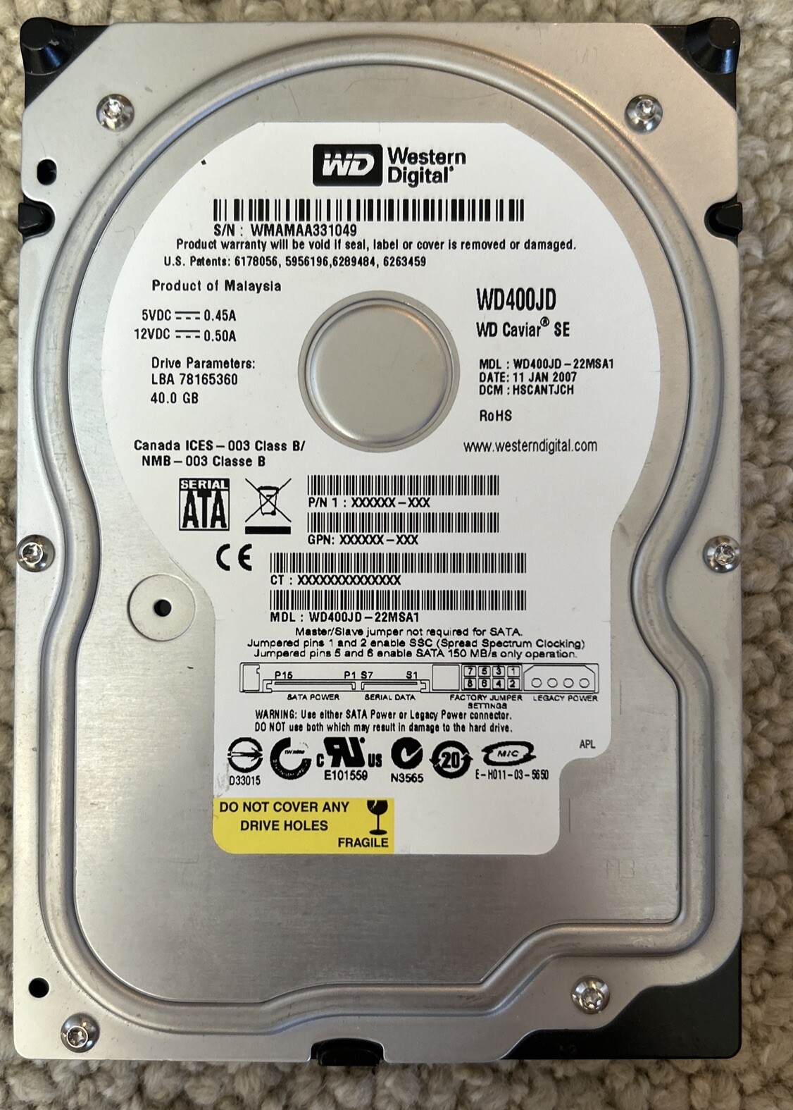 Western Digital WD Hard Disk Drive HDD 40GB Caviar SE WD400JD 7.2K RPM SATA 3.5"