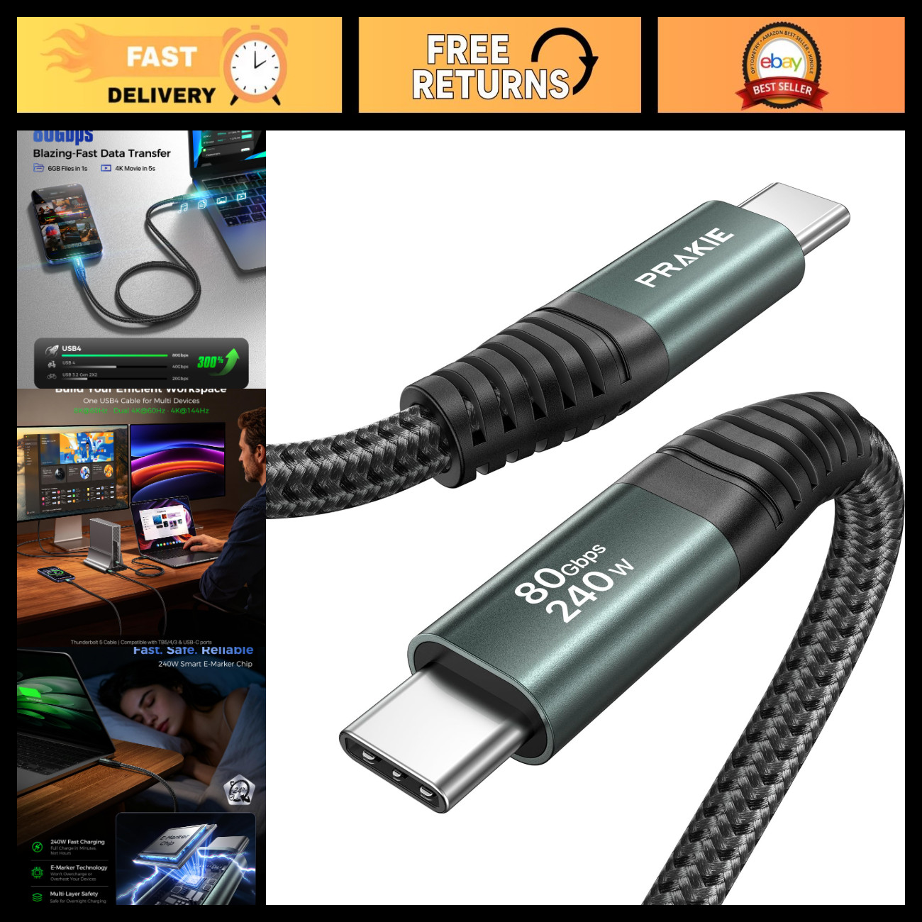 240W USB C Cable 6.6FT Thunderbolt 5, 80Gbps High-Speed Data Transfer Cable