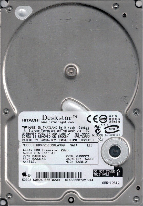 HDS725050KLA360 P/N: 0A33145 MLC: BA2012 MAC 655-1261D Hitachi 500GB
