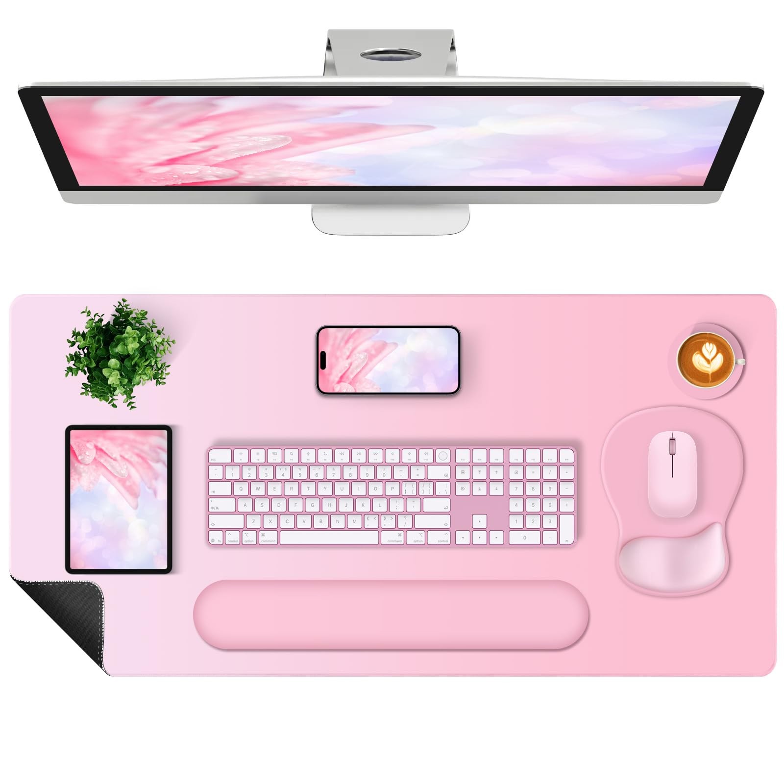 4in1 Large Gaming Mouse Pad Keyboard Wrist Rest Set Soft Pink 35.4x15.7 Inch