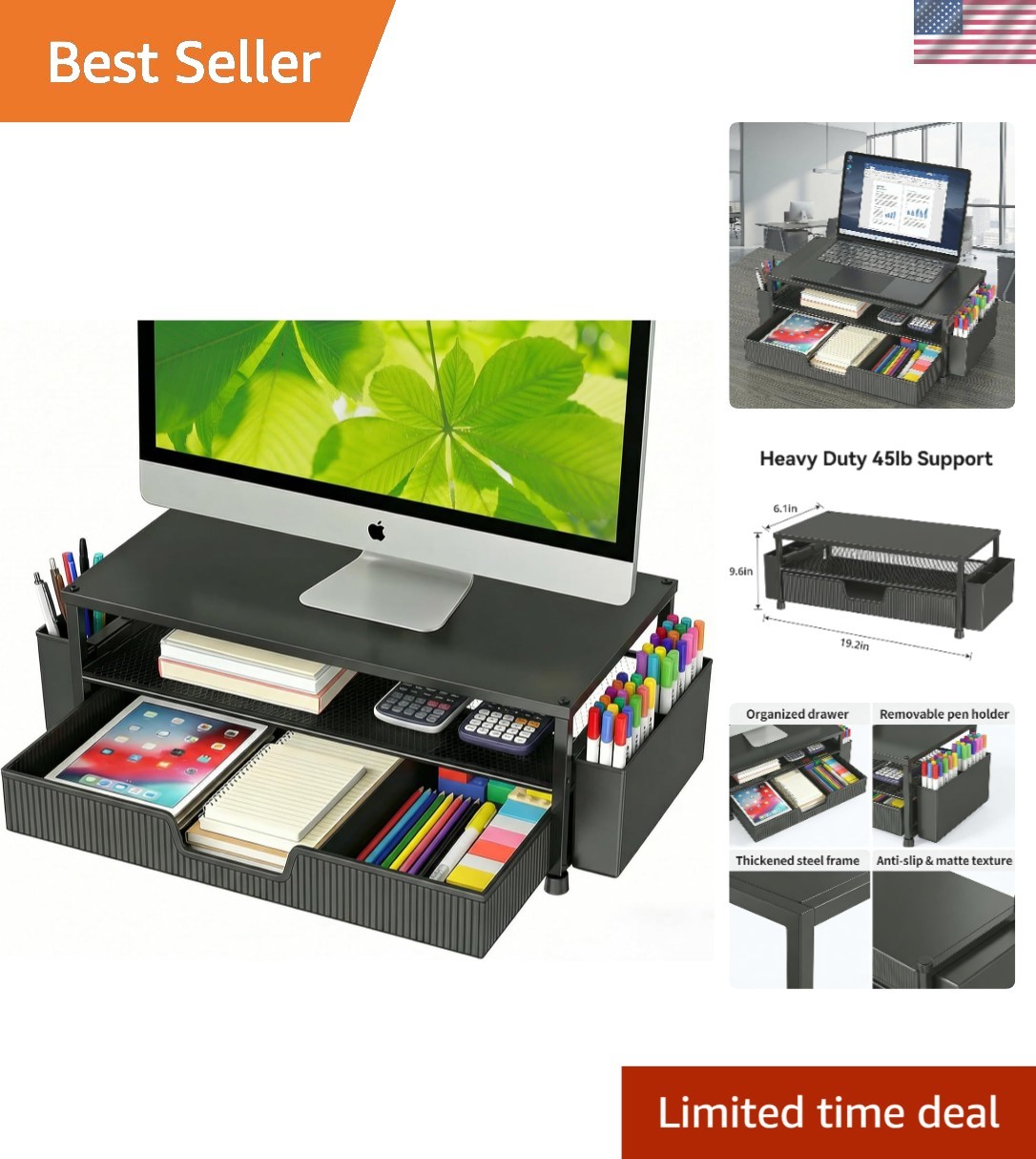 Ergonomic 2-Tier Monitor Stand with Drawer & Pen Holders - Black Elegance