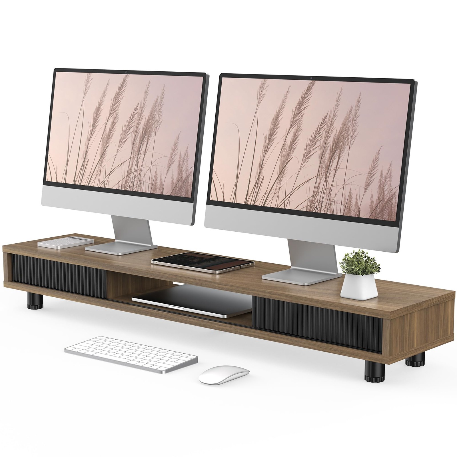 Fenge Dual Monitor Stand, 42.5inch Long Stands Riser for 2 Brown