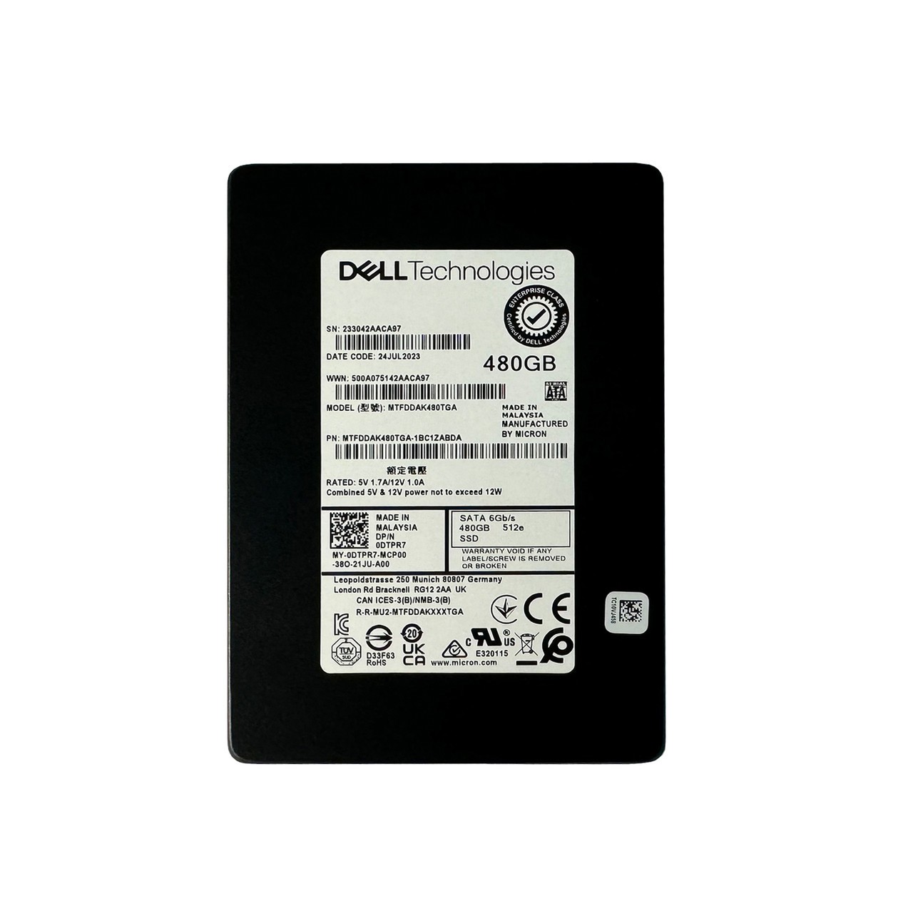 Hard Drive Dell 480GB SSD SATA 6G 2.5" TLC AES-256 512e DTPR7