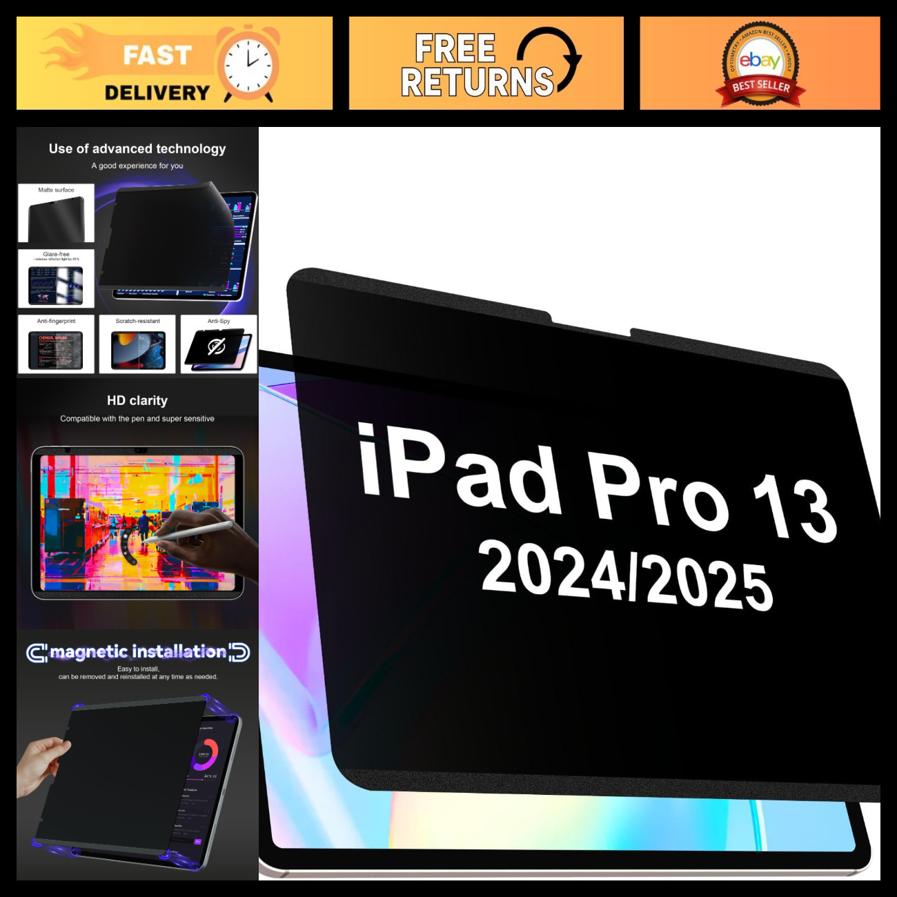 Magnetic Privacy Screen Protector for iPad Pro 13" - Anti-Glare, Removable Black