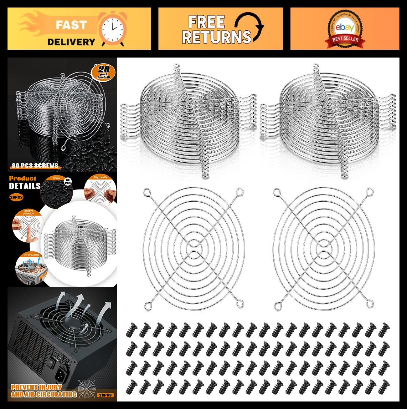 20 Pack 120mm Fan Grill Guard & Filter - Case Fan Protector with Screws, USB Coo