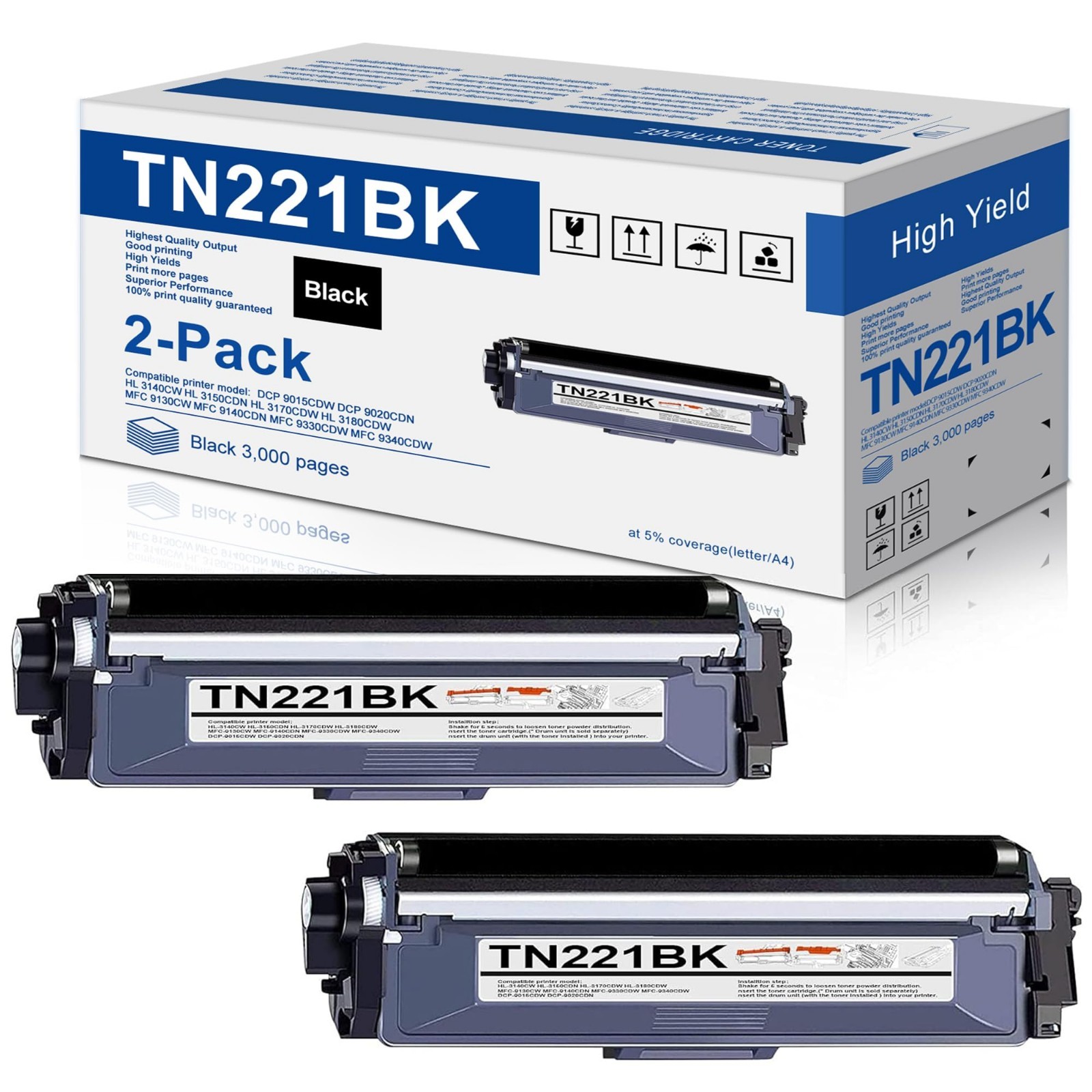 2-Pack Black Toner Cartridge Replacement for Brother HL-3140CW MFC-9130CW TN221