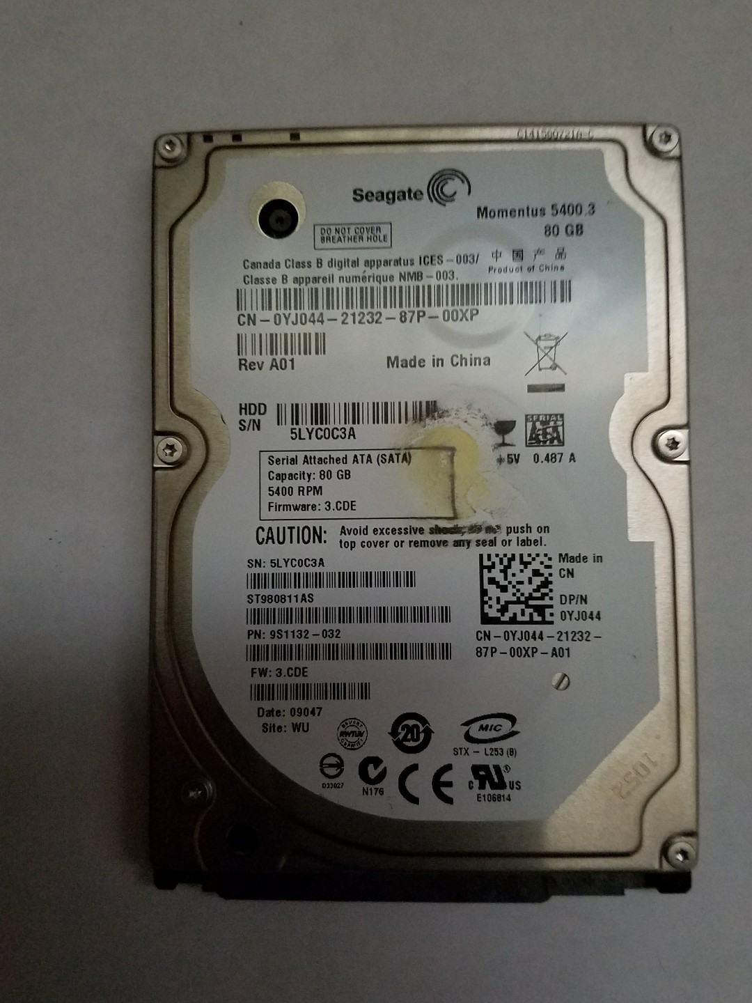 GENUINE SEGATE HDD ST980811AS 80GB 5400RPM 9S1132-032/3.CDE 2.2 SATA