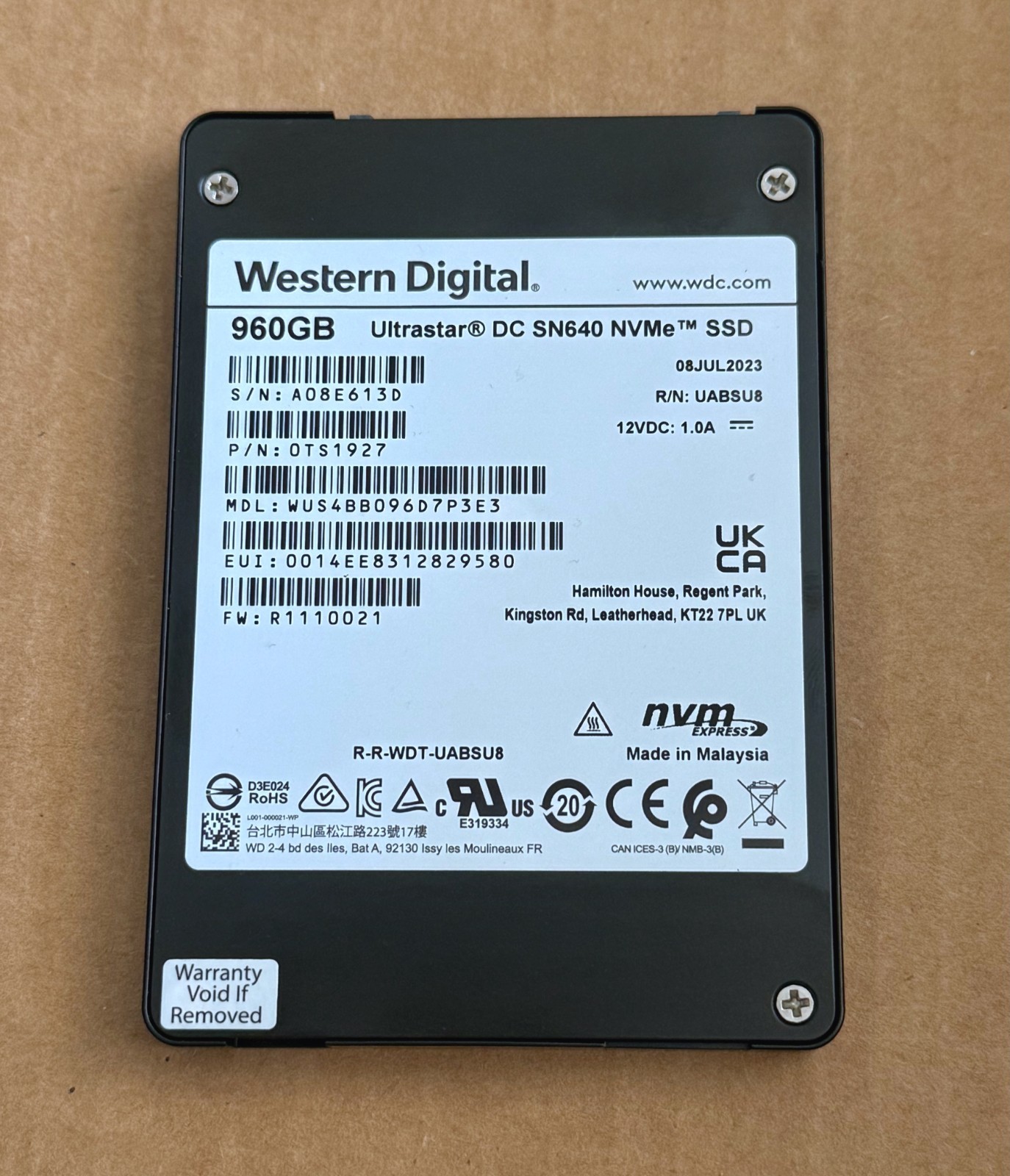 WD SN640 960GB WUS4BB096D7P3E3 PCIe Gen 3.1 x4 4GB/s U.2 NVMe 2.5" SSD